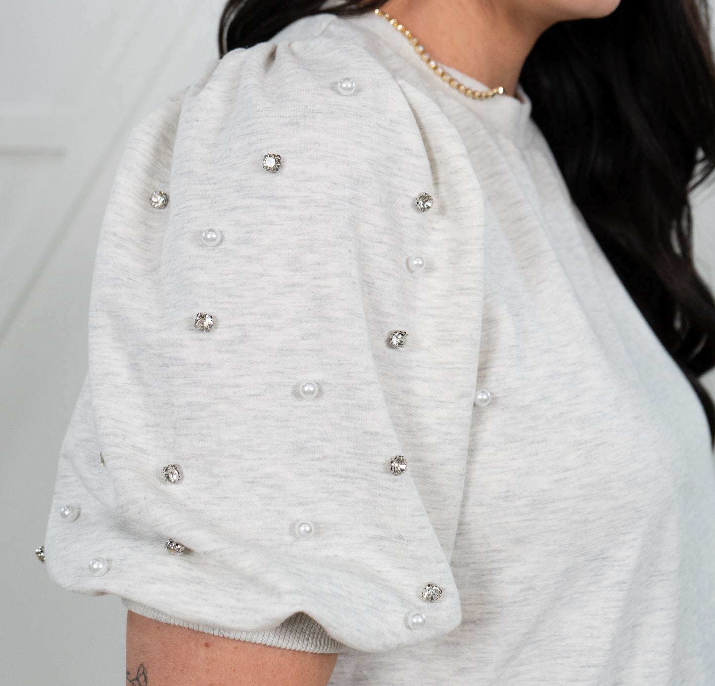 Rhinestone Pearl Puff Half Sleeve Top