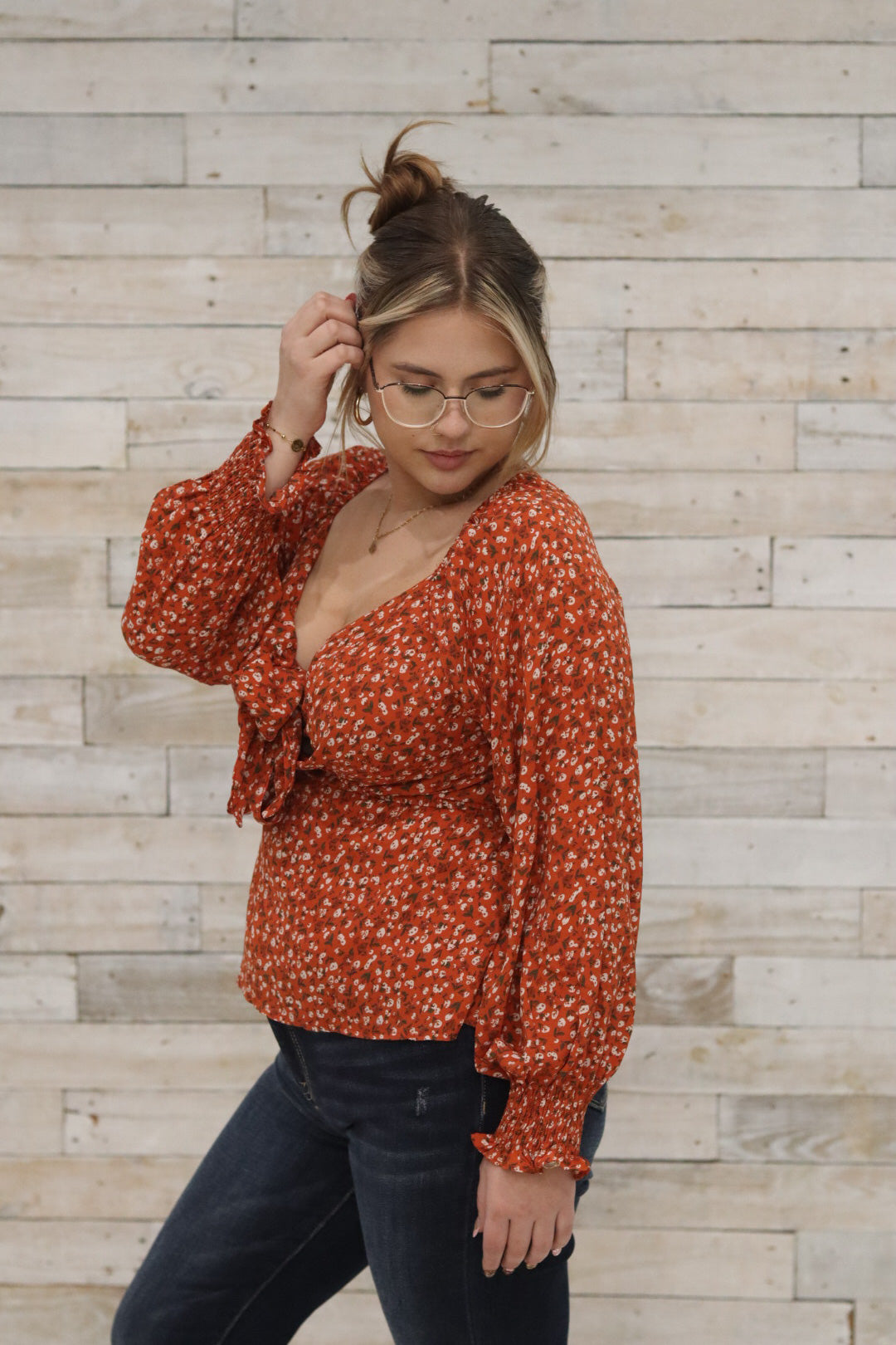 Boho Floral Print Front Tie Ruffled Long Sleeve Blouse
