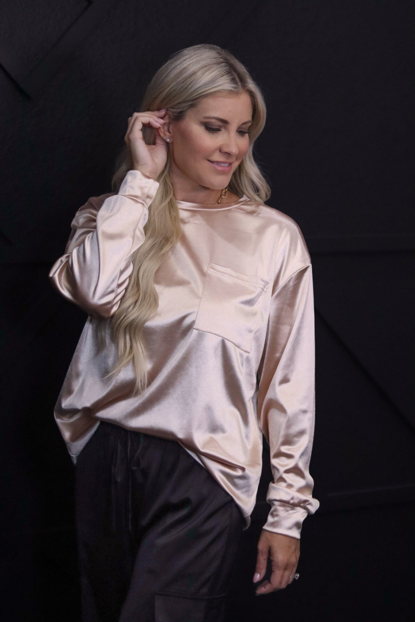 Glitter Chest Pocket Round Neck Long Sleeve Top